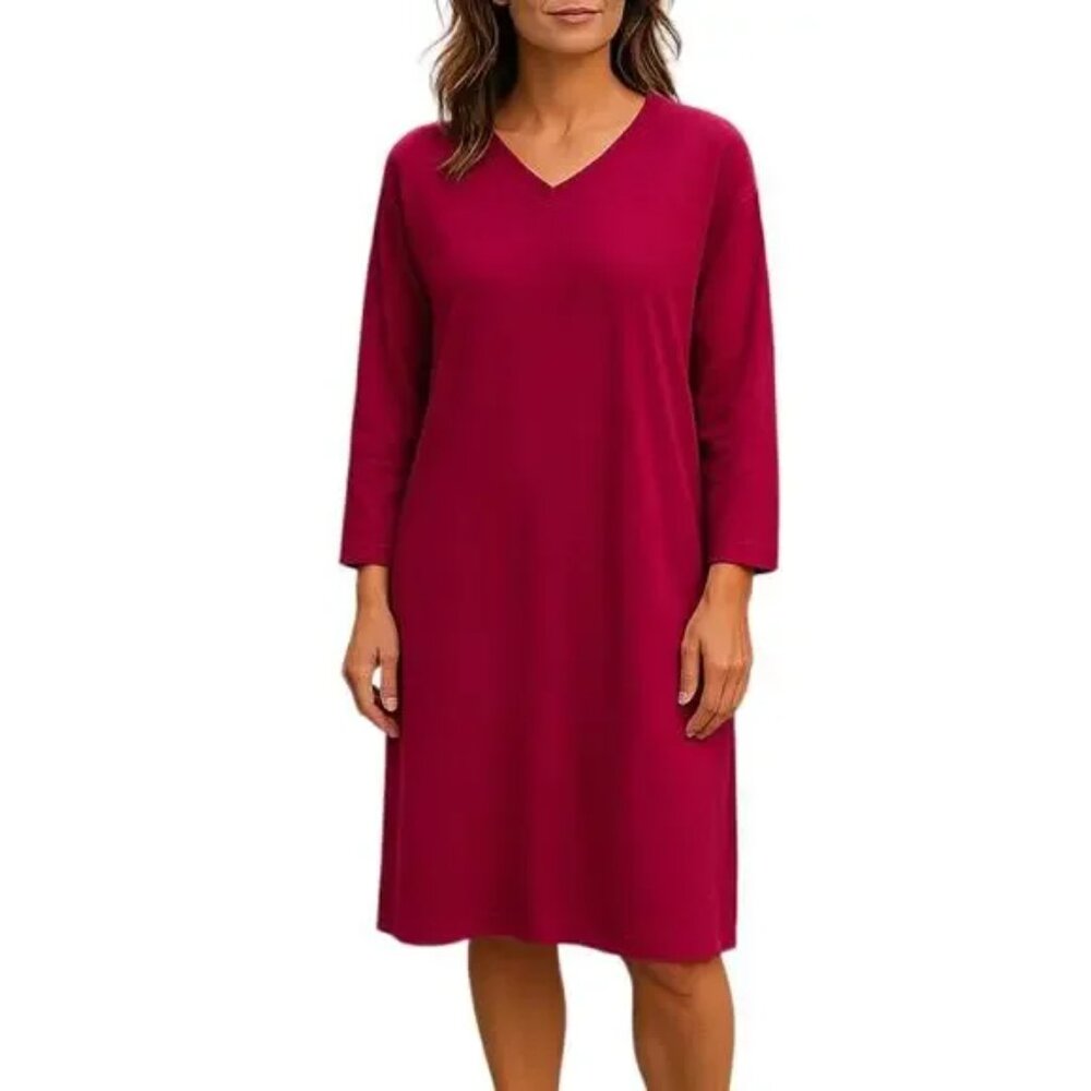 Eileen Fisher Burgundy Red Viscose Knee Length Dress with Long Sleeves & Pockets